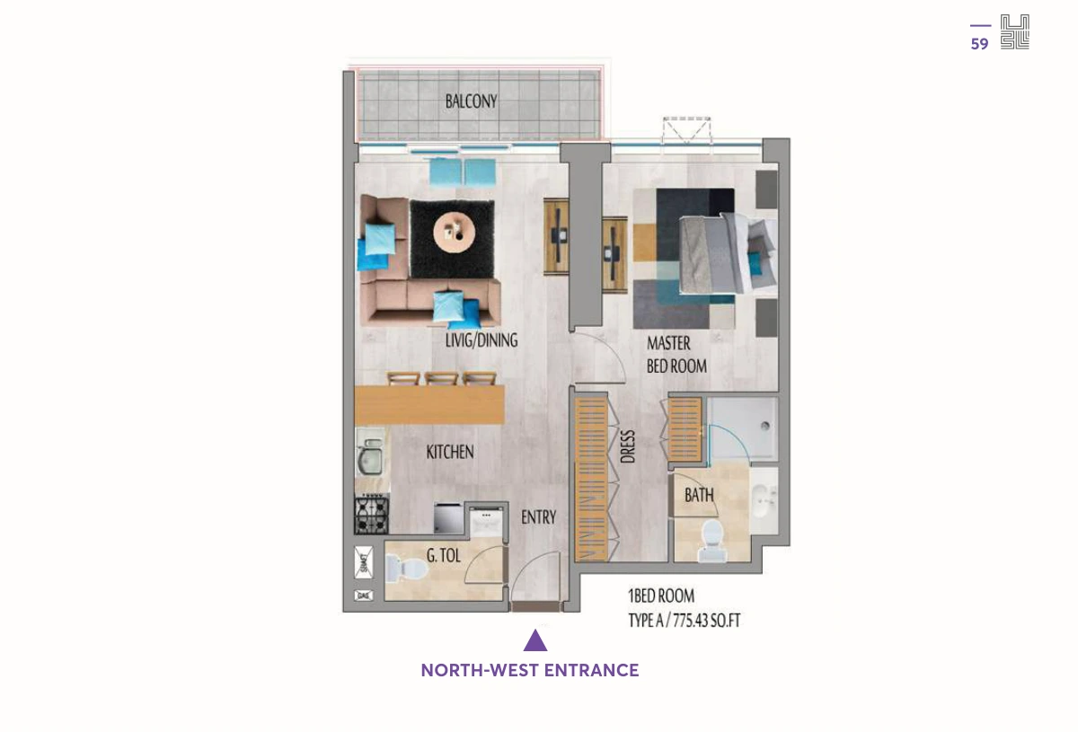 MBL Residence JLT 1-bedroom · Type A floor plan, Brochure floor plan